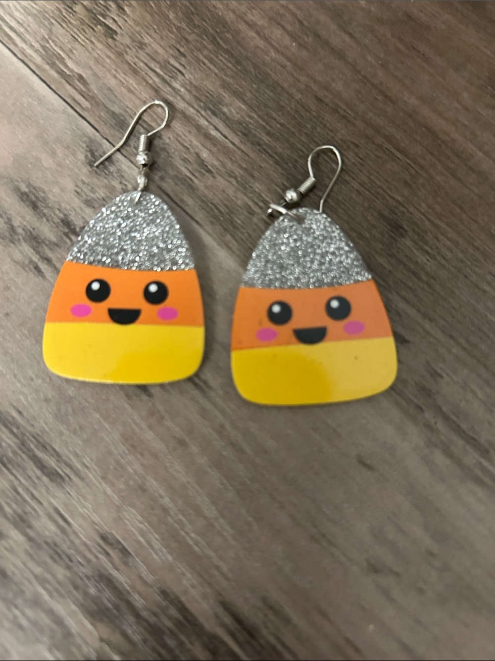 Cute Candy Corn Kids Earrings in Yellow, Orange & Silver Glitter